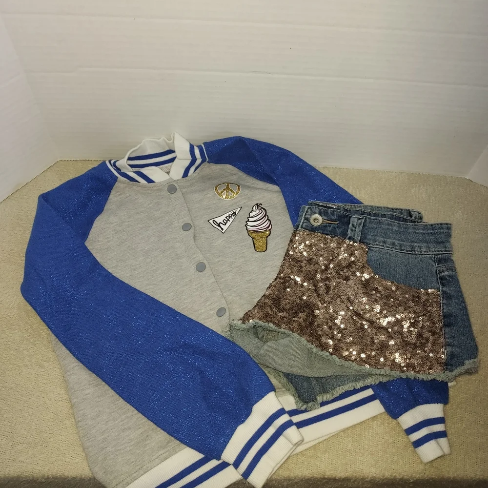 Justice bomber jacket size 12 and Hint gold sequined shorts set size 26
